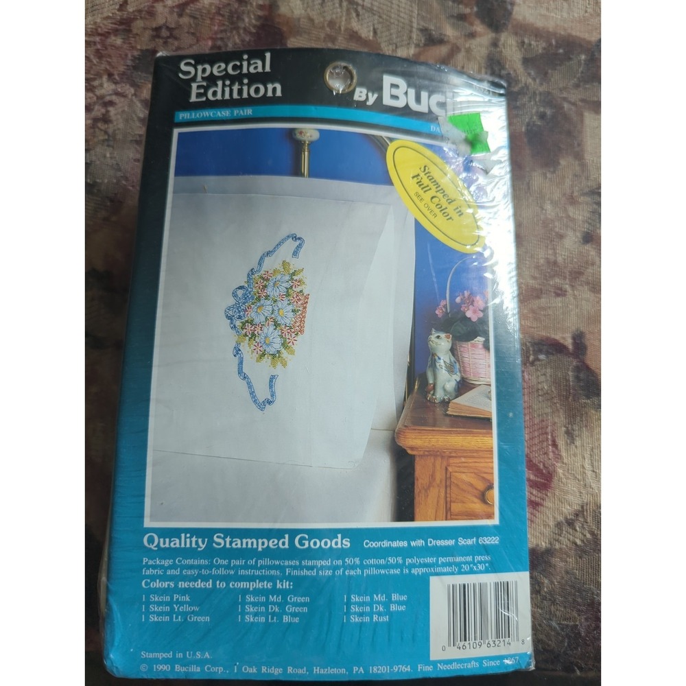 Vtg Bucilla Quilted Hearts Stamped Pillowcase Pair Kit #63214 Daisy Basket